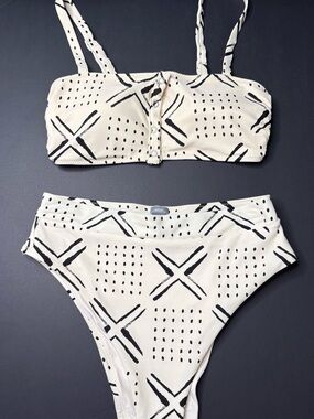 aerie Cream and Black Patterned High-Waist Bikini Set